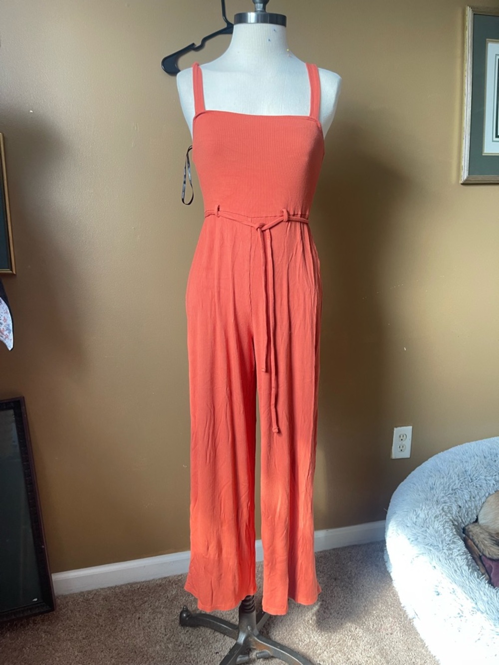 Coral Square-Neck Wide Leg Jumpsuit with Tie